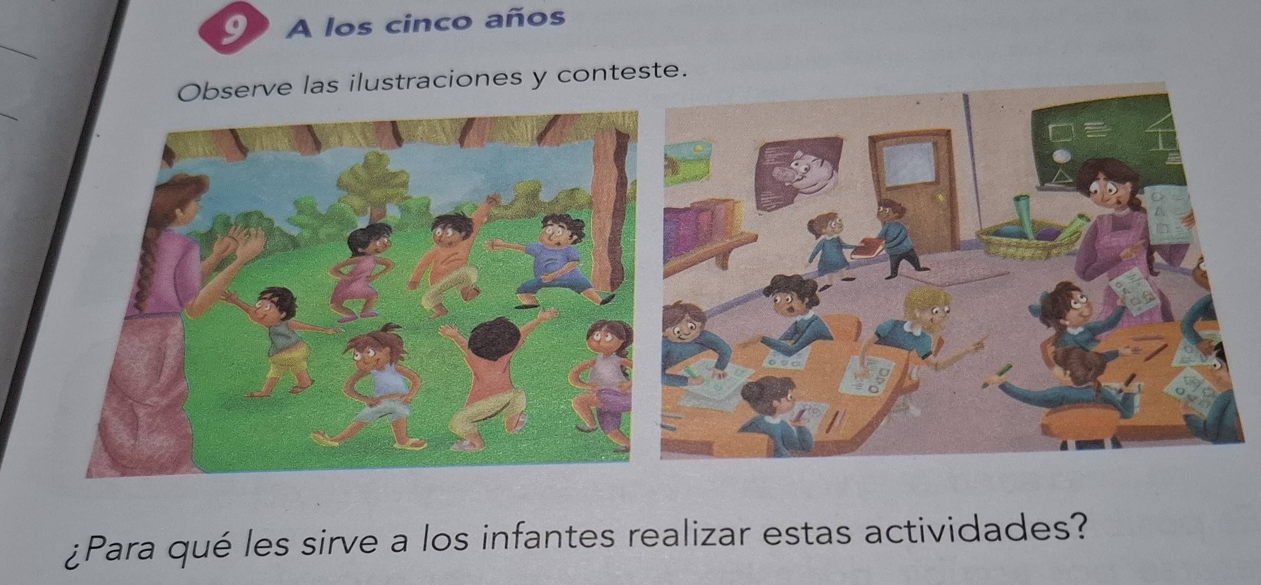 A los cinco años 
Observe las ilustraciones y conteste. 
¿Para qué les sirve a los infantes realizar estas actividades?