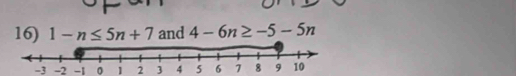 1-n≤ 5n+7 and 4-6n≥ -5-5n
-3 -2 -1 1 2 3 4 5 6 7