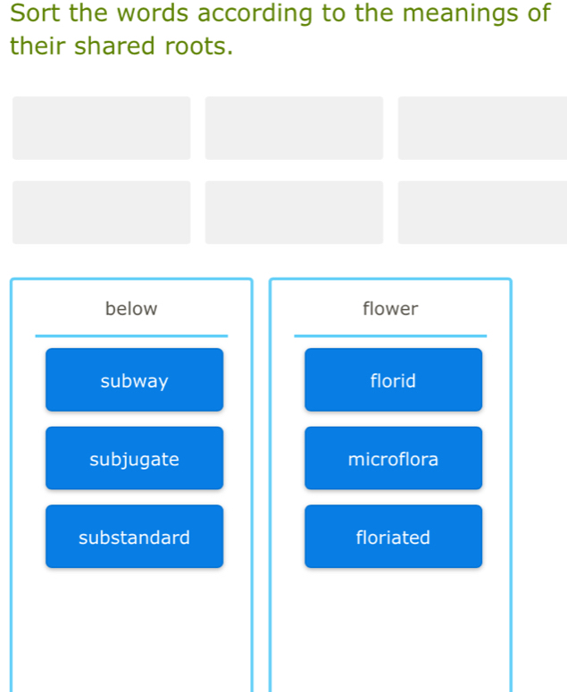 Sort the words according to the meanings of
their shared roots.
below flower
__
subway florid
subjugate microflora
substandard floriated