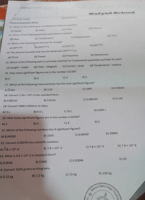 Auctear emergs (d) A===== Nafyad School
Physical Quantities MCOs
11. Which of the following is a fundamental physical quantity?
(a) Speed (b) Mavs (c) Force (d) Pressure
12. Which of the following physical quantities is a vector?
(a) Mass (b) Temperature (c) Displacement (d) Time
13. What is the dimensional formula for energy? (d) M'L'T'
(a) [M²L"T") (b) [M^1L^2T^(-2)] (c) [M²LT]
14. The physical quantity that has the dimension [M²L°T-"] is:
(a) Force (b) Power (c) Frequency (d) Momentum
15. Which of the following pairs is correctly matched for fundamental quantities and their SI units?
(a) Length - meter (b) Time - kilogram (c) Current - joule (d) Temperature - ampere
16. How many significant figures are in the number 123.00?
A] 2 B) 3 q 4 D) 5
17. Which of the following measurements has the most significant figures?
A) 0.060 B) 1.02 C) 1000 D) 0.00034
18. Convert 1.45* 10^(wedge)-3 into standard form.
A) 0.00145 B) 0.0145 C) 0.000145 D) 0.145
19. Convert 5000 milliliters to liters.
A) 5 L B) 0.5 L C) 50 L D) 0.005 L
20. How many significant figures are in the number 0.00560?
A) 2 B) 3 C) 4 D) 5
21. Which of the following numbers has 4 significant figures?
A) 0.04500 B) 1050 C) 0.00450 D) 20000
22. Convert 0.00078 into scientific notation.
A) dot 7.8* 10^(wedge)-4 B) 7.8* 10^(wedge)-3 C) 7.8* 10^(wedge)-5 D) 7.8* 10^(wedge)-6
23. What is 4.6* 10^(wedge)-2 in standard form?
) 0.0046 B) 0.046 C) 0.00046 D) 46
4. Convert 1500 grams to kilograms.
) 0.15 kg B) 1.5 kg C) 15 kg D) 150 kg
Mana Barumsaa
*
TEI