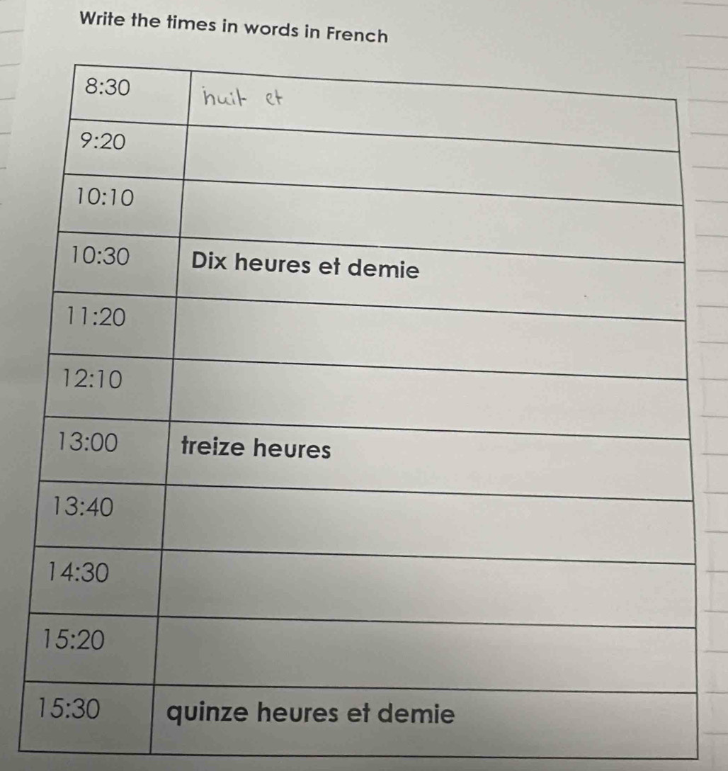 Write the times in words in French