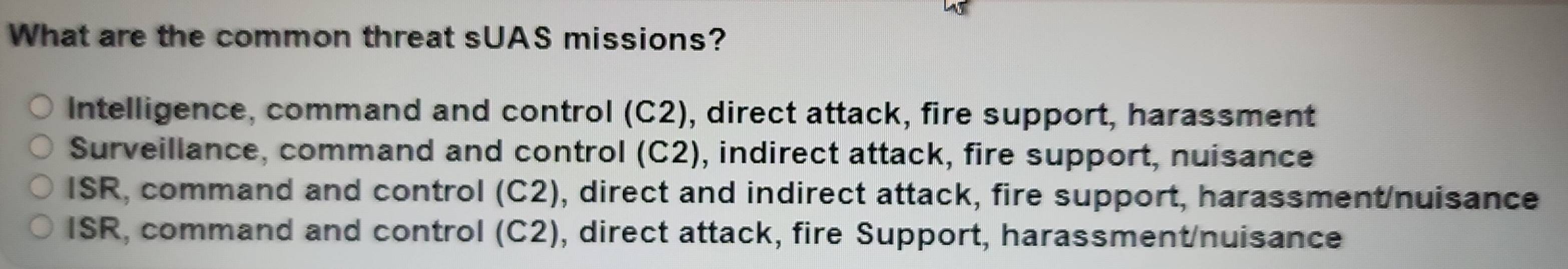Solved: What are the common threat sUAS missions? Intelligence, command ...