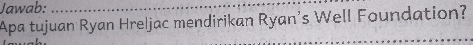 Jawab:_ 
Apa tujuan Ryan Hreljac mendirikan Ryan’s Well Foundation?
