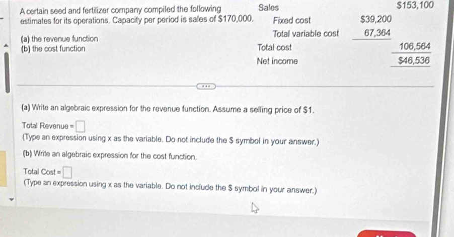 A certain seed and fertilizer company compiled the following Sales $153,100
estimates for its operations. Capacity per period is sales of $170,000. Fixed cost beginarrayr $39,200 67,364 hline endarray
Total variable cost 
(a) the revenue function 
(b) the cost function Total cost 
Net income □° _ frac 106,5646,536 hline endarray 
(a) Write an algebraic expression for the revenue function. Assume a selling price of $1. 
Total Revenue =□
(Type an expression using x as the variable. Do not include the $ symbol in your answer.) 
(b) Write an algebraic expression for the cost function. 
Total Cost =□
(Type an expression using x as the variable. Do not include the $ symbol in your answer.)