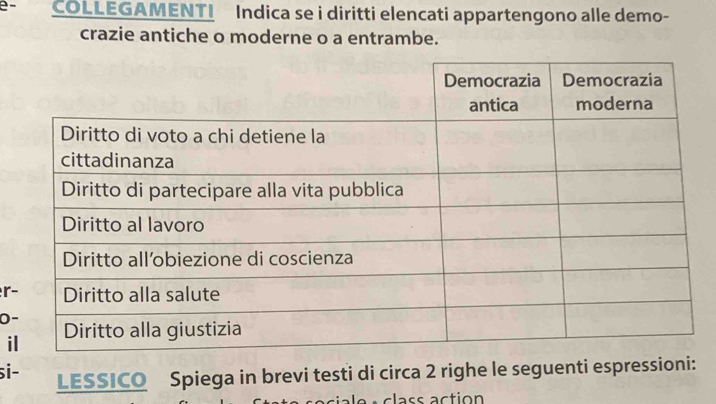 e- COLLEGAMENTI Indica se i diritti elencati appartengono alle demo- 
crazie antiche o moderne o a entrambe. 
r- 
0- 
i 
si- 
LESSICO Spiega in brevi testi di circa 2 righe le seguenti espressioni: 
class action