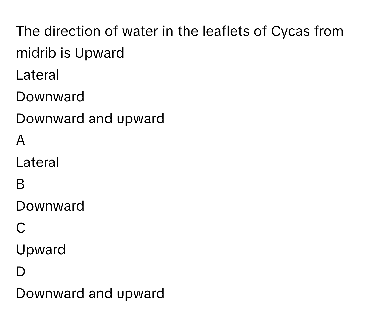 The direction of water in the leaflets of Cycas from midrib is Upward
Lateral
Downward
Downward and upward

A  
Lateral 


B  
Downward 


C  
Upward 


D  
Downward and upward