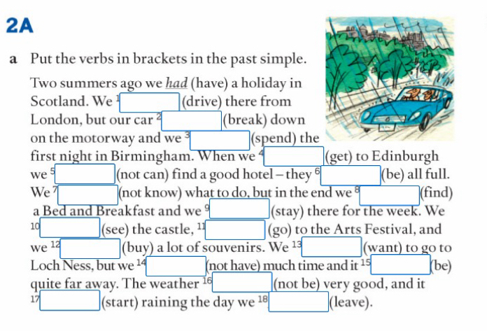 2A 
a Put the verbs in brackets in the past simple. 
Two summers ago we had (have) a holiday in 
Scotland. We □ (drive) there from 
London, but our car □  □  (break) down 
on the motorway and we □  (spend) th 
first night in Birmingham. When we □ (get) to Edinburgh 
we 5□ (not can) find a good hotel - they 6 (be) all full. 
We □ (not know) what to do, but in the end we □ (find) 
a Bed and Breakfast and we □ (stay) there for the week. We 
1 :□ (see) the castle, ¹¹ □ (go) to the Arts Festival, and 
we 12□ (buy) a lot of souvenirs. We ¹3 3□ (want) to go to 
Loch Ness, but we^(14) □ (not have) much time and it 1 :□ (be) 
quite far away. The weather ¹ □ (not be) very good, and it 
□ (start) raining the day we 1 □ (leave).