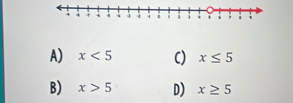 A) x<5</tex> C) x≤ 5
B) x>5 D) x≥ 5