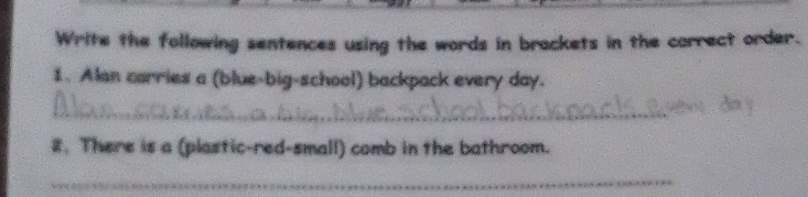 Write the following sentences using the words in brackets in the carrect order. 
1. Alan carries a (blue-big-school) backpack every day. 
_ 
2. There is a (plastic-red-small) comb in the bathroom. 
_