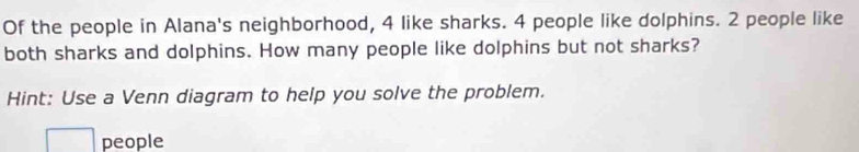 Of the people in Alana's neighborhood, 4 like sharks. 4 people like dolphins. 2 people like 
both sharks and dolphins. How many people like dolphins but not sharks? 
Hint: Use a Venn diagram to help you solve the problem. 
people