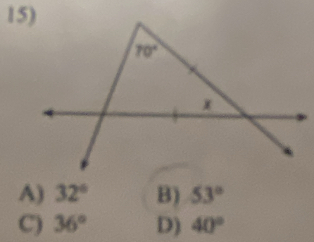 A) 32° B) 53°
C) 36° D) 40°