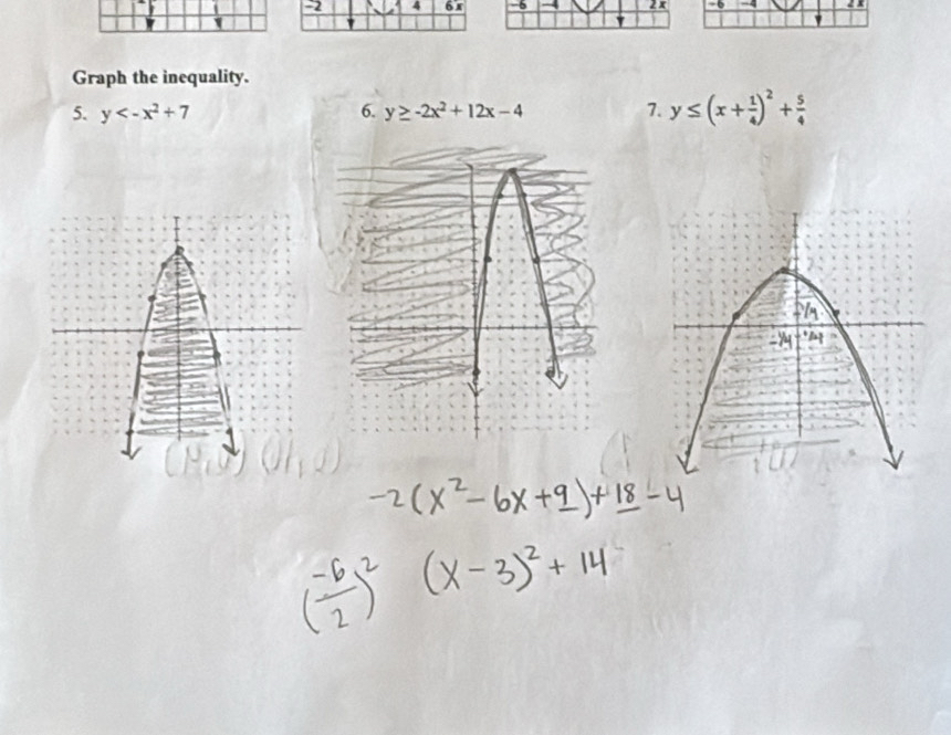 -2 4 6 x
Graph the inequality.
5. y 6. y≥ -2x^2+12x-4 7. y≤ (x+ 1/4 )^2+ 5/4 