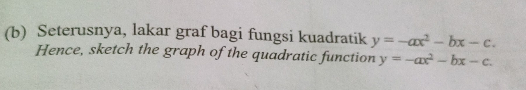 Seterusnya, lakar graf bagi fungsi kuadratik y=-ax^2-bx-c. 
Hence, sketch the graph of the quadratic function y=-ax^2-bx-c.