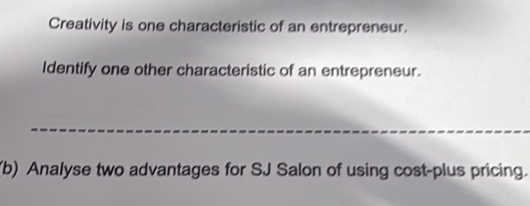 Creativity is one characteristic of an entrepreneur. 
Identify one other characteristic of an entrepreneur. 
_ 
_ 
_ 
_ 
(b) Analyse two advantages for SJ Salon of using cost-plus pricing.