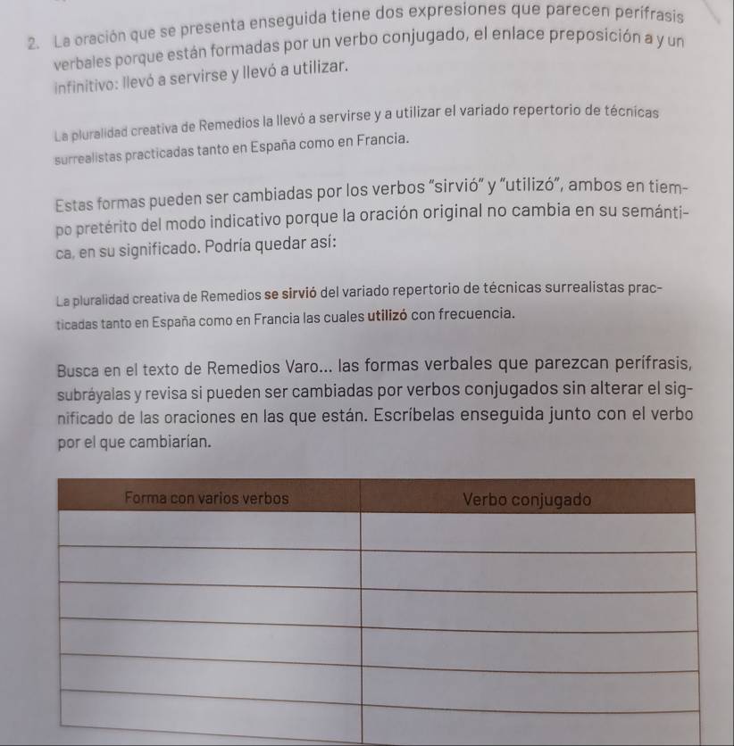 La oración que se presenta enseguida tiene dos expresiones que parecen perifrasís 
verbales porque están formadas por un verbo conjugado, el enlace preposición a y un 
infinitivo: llevó a servirse y llevó a utilizar. 
La pluralidad creativa de Remedios la llevó a servirse y a utilizar el variado repertorio de técnicas 
surrealistas practicadas tanto en España como en Francia. 
Estas formas pueden ser cambiadas por los verbos “sirvió” y “utilizó”, ambos en tiem- 
po pretérito del modo indicativo porque la oración original no cambia en su semánti- 
ca, en su significado. Podría quedar así: 
La pluralidad creativa de Remedios se sirvió del variado repertorio de técnicas surrealistas prac- 
ticadas tanto en España como en Francia las cuales utilizó con frecuencia. 
Busca en el texto de Remedios Varo... las formas verbales que parezcan perífrasis, 
subráyalas y revisa si pueden ser cambiadas por verbos conjugados sin alterar el sig- 
nificado de las oraciones en las que están. Escríbelas enseguida junto con el verbo 
por el que cambiarían.