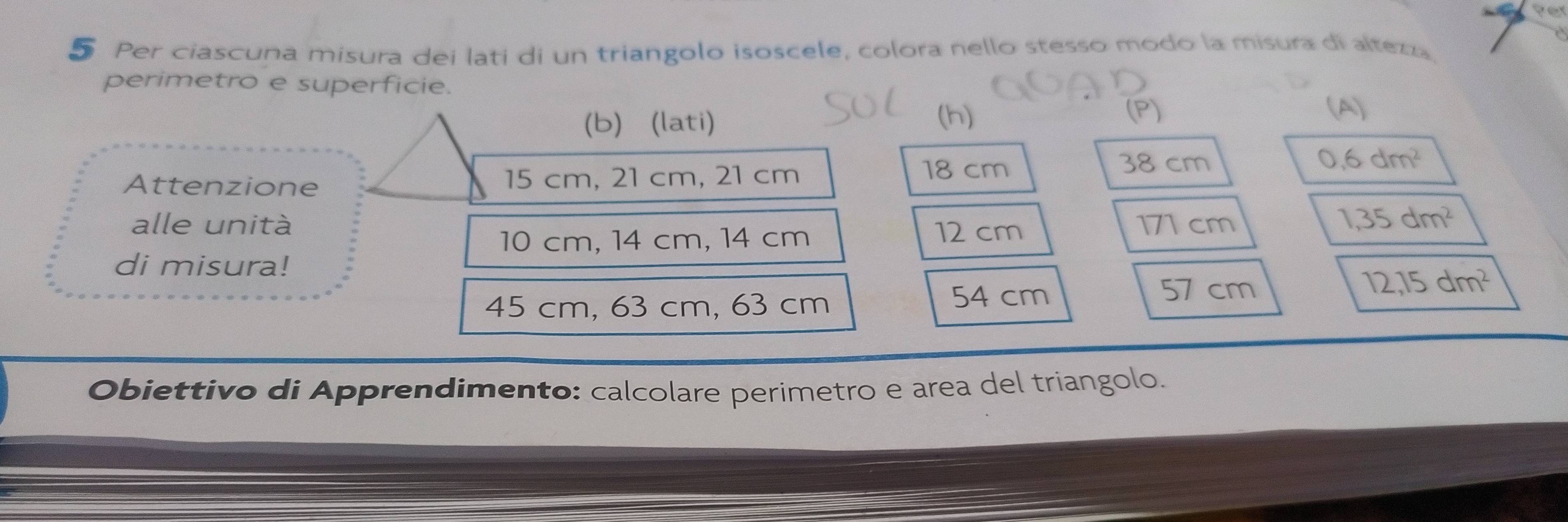 Per 
5 Per ciascuna misura dei lati di un triangolo isoscele, colora nello stesso modo la misura di altezza 
perimetro e superficie. (A) 
(b) (lati) (h) (P) 
Attenzione 15 cm, 21 cm, 21 cm
18 cm 38 cm
0,6dm^2
alle unità 12 cm 171 cm
1,35dm^2
10 cm, 14 cm, 14 cm
di misura!
45 cm, 63 cm, 63 cm 54 cm
57 cm 12,15dm^2
Obiettivo di Apprendimento: calcolare perimetro e area del triangolo.