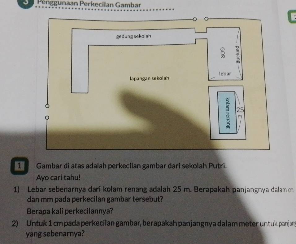 Penggunaan Perkecilan Gambar 
1 a Gambar di atas adalah perkecilan gambar dari sekolah Putri. 
Ayo cari tahu! 
1) Lebar sebenarnya dari kolam renang adalah 25 m. Berapakah panjangnya dalam cm
dan mm pada perkecilan gambar tersebut? 
Berapa kali perkecilannya? 
2) Untuk 1 cm pada perkecilan gambar, berapakah panjangnya dalam meter untuk panjang 
yang sebenarnya?