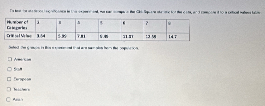 To test for statistical significance in this experiment, we can compute the Chi-Square statistic for the data, and compare it to a critical values table
Select the groups in this experiment that are samples from the population.
American
Staff
European
Teachers
Asian