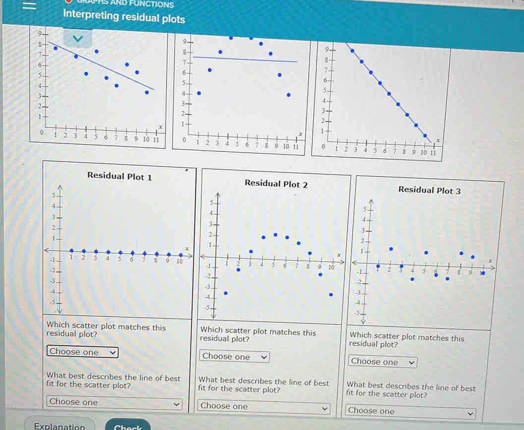 PAS AND FUNCTIONS 
= Interpreting residual plots 

Which scatter plot matches this Which scatter plot matches this Which scatter plot matches this 
residual plot? residual plot? residual plot? 
Choose one Choose one Choose one 
What best describes the line of best What best describes the line of best What best describes the line of best 
fit for the scatter plot? fit for the scatter plot? fit for the scatter plot? 
Choose one Choose one Choose one 
Explanation Check