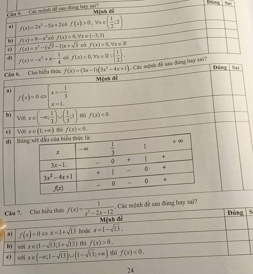 Đúng Sai
Mệnh đề
a) f(x)=0Leftrightarrow beginarrayl x=- 1/3  x=1.endarray.
b) Với x∈ (-∈fty ; 1/3 ) J ,( 1/3 ;1) thì f(x)<0.
c) Với x∈ (1;+∈fty ) thì f(x)<0.
d) Bản
mệnh đề sau đúng hay sai?
S
24