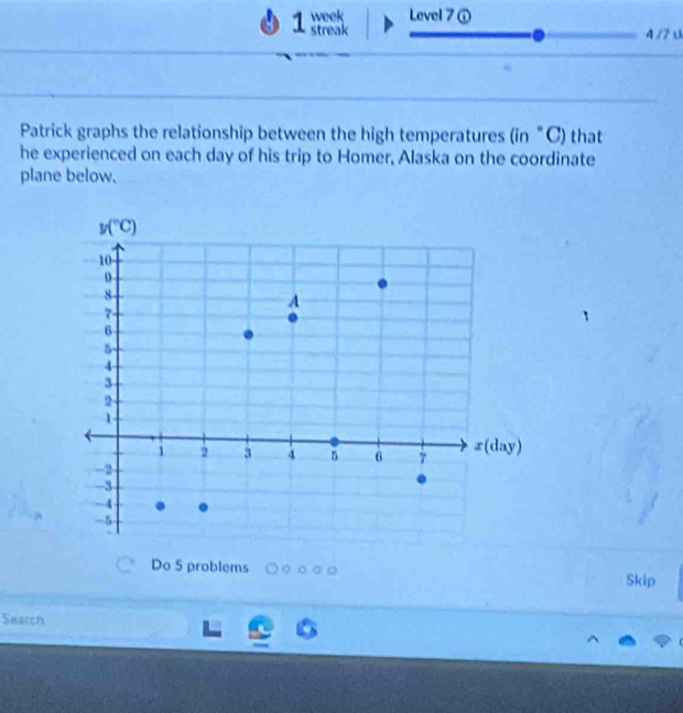 Level 7①
streak 4 /7 si
Patrick graphs the relationship between the high temperatures (in "C) that
he experienced on each day of his trip to Homer, Alaska on the coordinate
plane below.
C Do 5 problems
Skip
Search