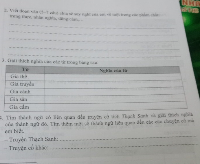 NHA 
sne 
2. Viết đoạn văn (5-7 câu) chia sẻ suy nghĩ của em về một trong các phẩm chất: 
trung thực, nhân nghĩa, dũng cảm,… 
_ 
_ 
_ 
_ 
_ 
3. Giải thích nghĩa của các từ trong bảng sau: 
4. Tìm thành ngữ có liên quan đến truyện cổ tích Thạch Sanh và giải thích nghĩa 
của thành ngữ đó. Tìm thêm một số thành ngữ liên quan đến các câu chuyện cổ mà 
_ 
em biết. 
_ 
- Truyện Thạch Sanh: 
- Truyện cổ khác: