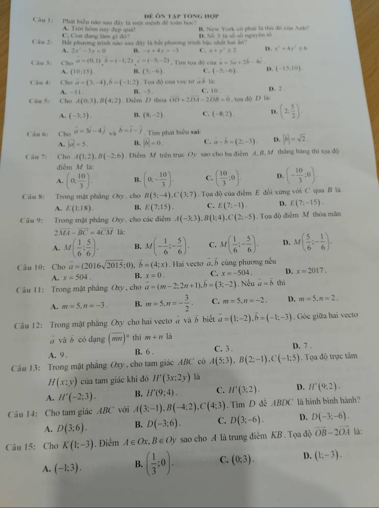 Để ôn tạp tông hợp
Câu 1: Phát biểu não sau đây là một mệnh đề toán học?
A. Trời hôm nay đẹp quả! B. New York có phái là thủ đô của Anh?
C. Con dang làm gì đô? D. Số 3 là số số nguyên tổ
Câu 2: Bắt phương trình nào sao đây là bắt phương trình bậc nhật bai ản?
A. 2x^2-3y<0</tex> B. -x+4y>-3 C. x+y^2≥ 2 D. x^2+4y^2≤ 6
Câu 3: Cho a=(0,1),b=(-1,2),c=(-3,-2). Tim tọa độ của vector u=3vector a+2vector b-4vector c
A. (10:15). B. (5i-6). C. (-5,-6). D. (-15,10).
Câu 4: Cho vector a=(3;-4),hat b=(-1;2). Tọa độ của vec tơ a.h là:
A. ~ 1 1 . B. −5 C. 10 D. 2 
Câu 5: Cho A(0:3),B(4:2) Diễm D thoa overline OD+2overline DA-2overline DB=0 , to dO D là:
A. (-3;3). B. (8;-2). C. (-8,2). D. (2: 5/2 ).
Câu 6: Cho vector a=3vector i-4vector j và vector b=vector i-vector j. Tim phát biểu sai:
A. |a|=5. B. |vector b|=0. C. vector a-vector b=(2;-3). D. |vector b|=sqrt(2).
Câu 7: Cho A(1:2endpmatrix ,Bbeginpmatrix -2:6). Diểm M trên trục Oy sao cho ba điễm A. B. M tháng háng thi tọa độ
điểm M là:
A. (0, 10/3 ). B. (0;- 10/3 ). C. ( 10/3 :0). D. (- 10/3 ;0).
Câu 8: Trong mặt phẳng Oxy , cho B(5;-4),C(3;7). Tọa độ của điểm E đổi xứng với C qua B là
A. E(1:18). B. E(7:15). C. E(7;-1). D. E(7;-15).
Câu 9: Trong mặt phẳng Oxy, cho các điễm A(-3:3),B(1;4),C(2;-5). Tọa độ điễm M thỏa mãn
2vector MA-vector BC=4vector CM là:
A. M( 1/6 ; 5/6 ). B. M(- 1/6 :- 5/6 ). C. M( 1/6 ;- 5/6 ). D. M( 5/6 ;- 1/6 ).
Câu 10: Cho vector a=(2016sqrt(2015);0) vector b=(4;x). Hai vecto vector a.vector b cùng phương nếu
A. x=504. B. x=0. C. x=-504. D. x=2017.
Câu 11: Trong mặt phầng Oxy , cho vector a=(m-2;2n+1).vector b=(3;-2). Nếu vector a=vector b thì
A. m=5,n=-3. B. m=5,n=- 3/2 · C. m=5,n=-2. D. m=5,n=2.
Câu 12: Trong mặt phẳng Oxy cho hai vectơà và ổ biết vector a=(1;-2),vector b=(-1;-3) Góc giữa hai vecto
ā sqrt(a)b có đạng (overline mn)^circ  thi m+n là
A. 9 . B. 6 . C. 3 . D. 7 .
Câu 13: Trong mặt phẳng Oxy , cho tam giác ABC có A(5;3),B(2;-1),C(-1;5). Tọa độ trực tâm
H(x:y) của tam giác khi đó H'(3x;2y) là
A. H'(-2;3). B. H'(9:4). C. H'(3:2). D. H'(9;2).
Câu 14: Cho tam giác ABC với A(3;-1),B(-4;2),C(4;3). Tìm D đễ ABDC là hình bình hành?
A. D(3;6). B. D(-3;6). C. D(3;-6). D. D(-3;-6).
Câu 15: Cho K(1;-3). Điểm A∈ Ox.B∈ Oy sao cho A là trung điểm KB . Tọa độ vector OB-2vector OA là:
A. (-1;3). B. ( 1/3 ;0). C. (0;3). D. (1;-3).