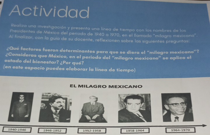 Actividad 
Realiza una investigación y presenta una línea de tiempo con los nombres de los 
Presidentes de México del período de 1940 a 1970, en el llamado "milagro mexicano” 
Al finalizar, con la guía de su docente, reflexionen sobre las siguientes preguntas: 
¿Qué factores fueron determinantes para que se diera el “milagro mexicano”? 
¿Consideras que México, en el periodo del “milagro mexicano” se aplico el 
estado del bienestar? ¿Por qué? 
(en este espacio puedes elaborar la línea de tiempo) 
EL MILAGRO MEXICANO 
1940-1946 1946-1952 1952-1958 1958-1964 1964-1970