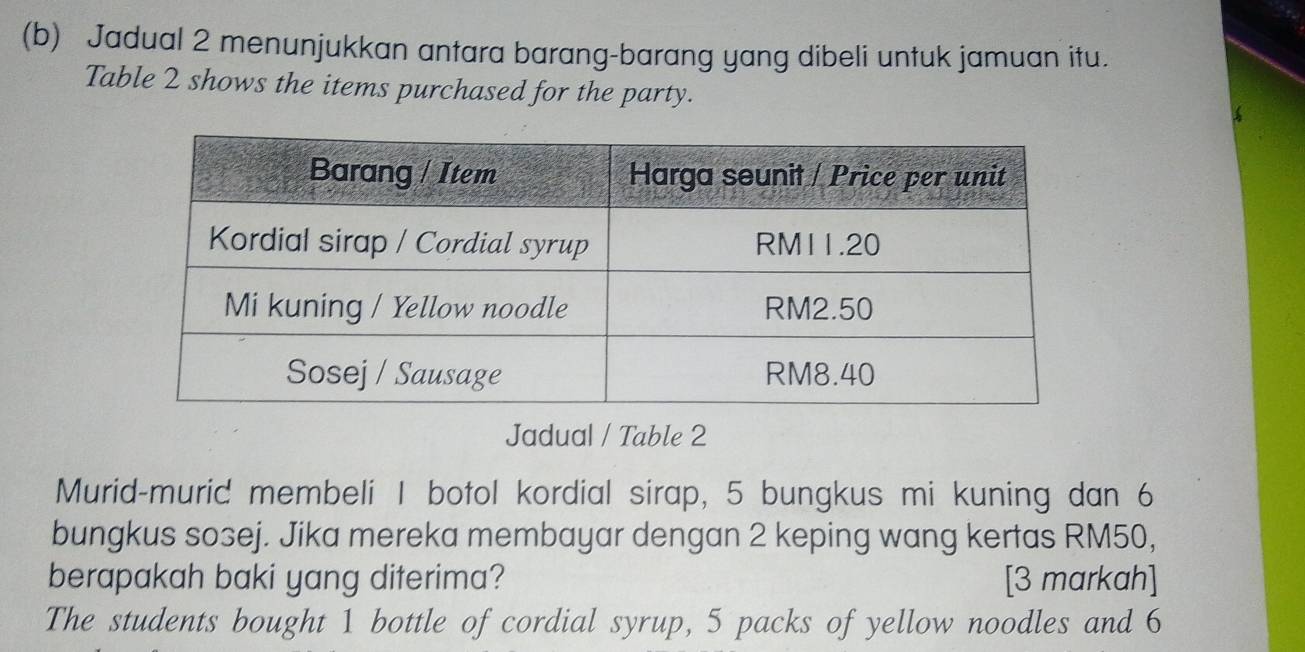 Jadual 2 menunjukkan antara barang-barang yang dibeli untuk jamuan itu. 
Table 2 shows the items purchased for the party. 
Jadua| / Table 2 
Murid-murid membeli I botol kordial sirap, 5 bungkus mi kuning dan 6
bungkus sosej. Jika mereka membayar dengan 2 keping wang kertas RM50, 
berapakah baki yang diterima? [3 markah] 
The students bought 1 bottle of cordial syrup, 5 packs of yellow noodles and 6