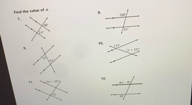 Find the value of x.
8.
7.
10.
9.
12.
11.