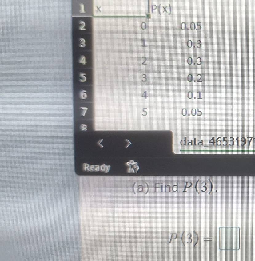 < data_4653197
Ready
(a) Find  P(3).
P(3)=□