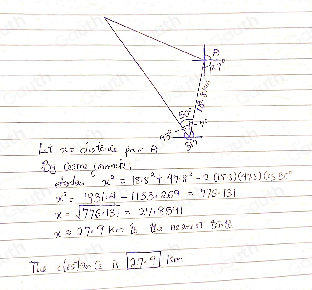 Solved: Starting at point A, a ship sails 18.7 km on a bearing of 187 ...