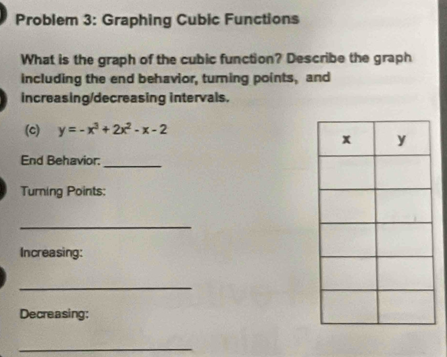 Problem 3: Graphing Cubic Functions 
What is the graph of the cubic function? Describe the graph 
including the end behavior, turning points, and 
increasing/decreasing intervals. 
(c) y=-x^3+2x^2-x-2
End Behavior:_ 
Turning Points: 
_ 
Increasing: 
_ 
Decreasing: 
_