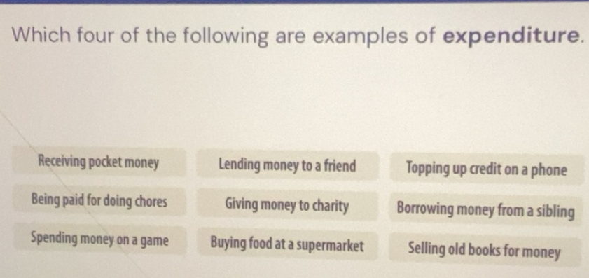 Solved: Which four of the following are examples of expenditure ...