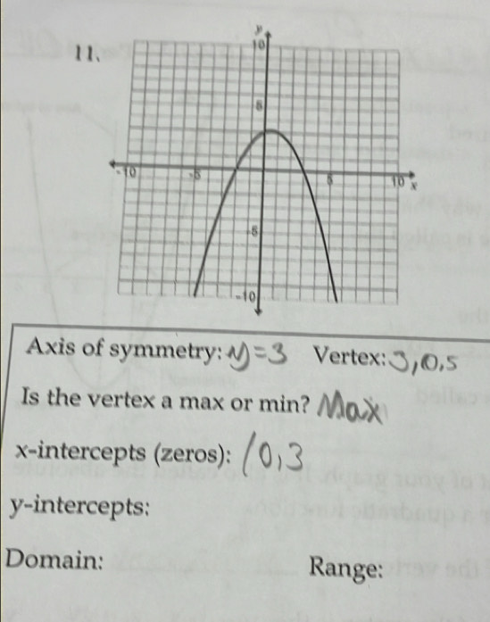 Axis of symmetry: Vertex: 
Is the vertex a max or min? 
x-intercepts (zeros): 
y-intercepts: 
Domain: Range: