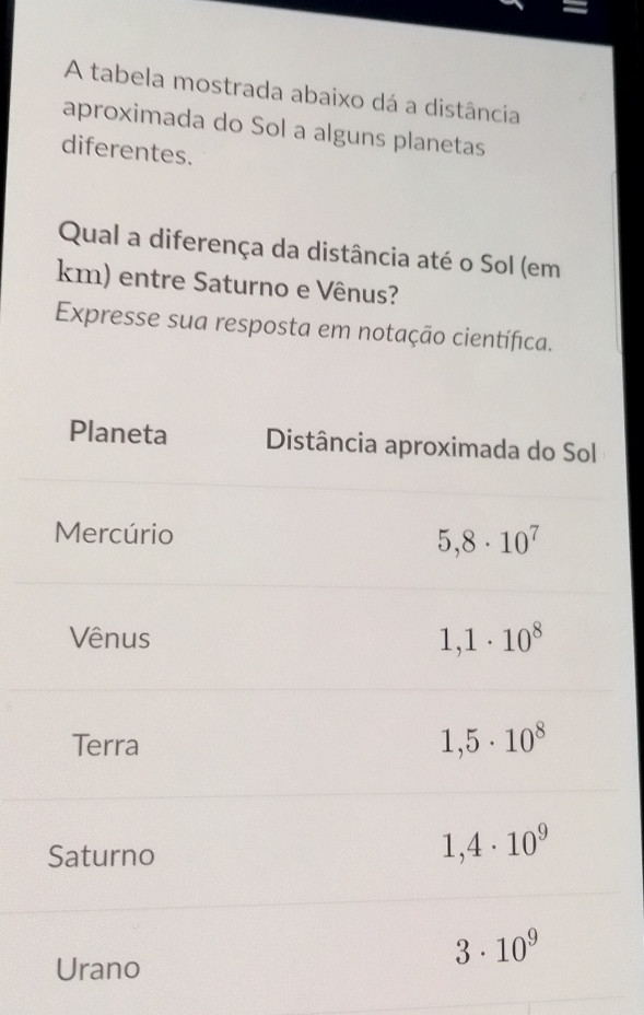 Resolvido:A tabela mostrada abaixo dá a distância aproximada do Sol a ...