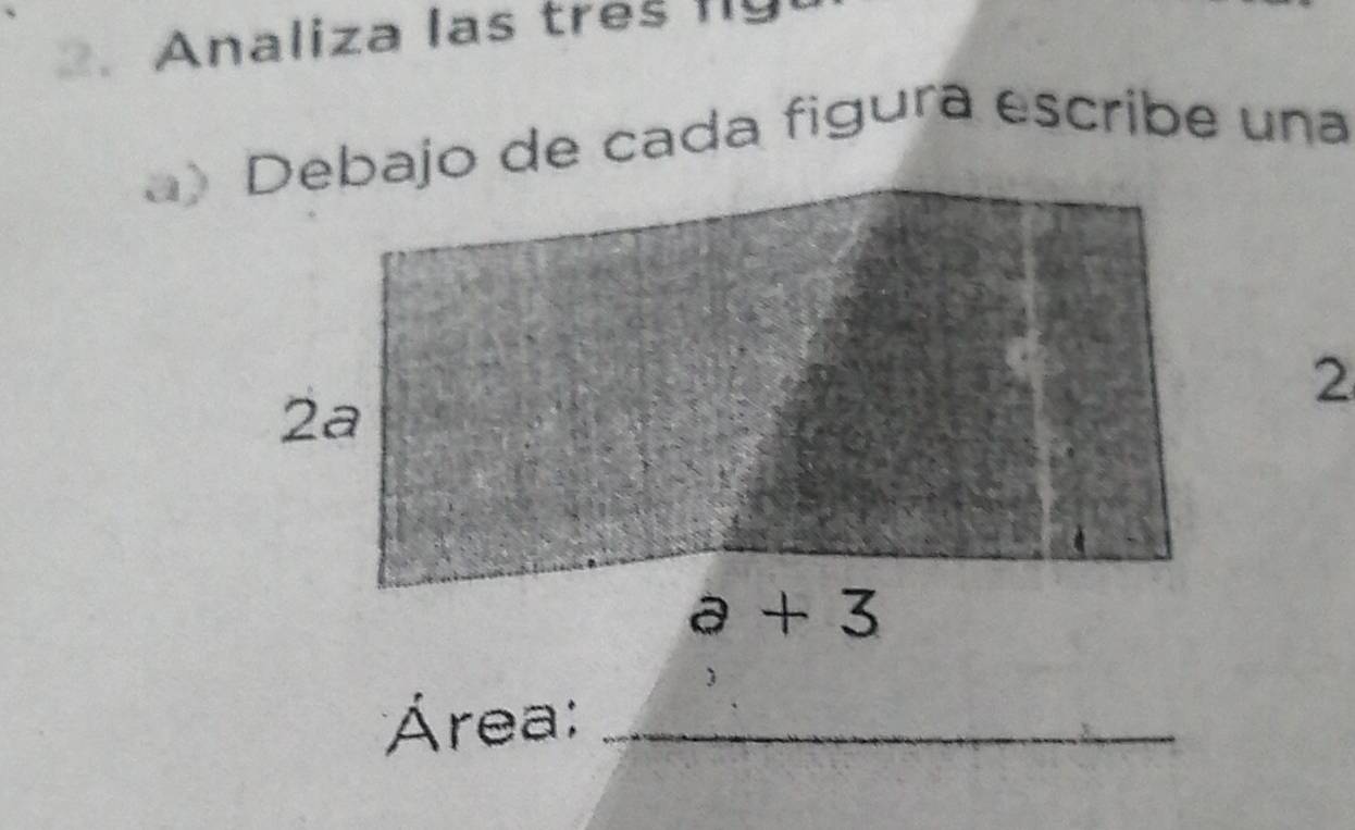 .Analiza las tres lly
a) Debajo de cada figura escribe una
2
Área:_