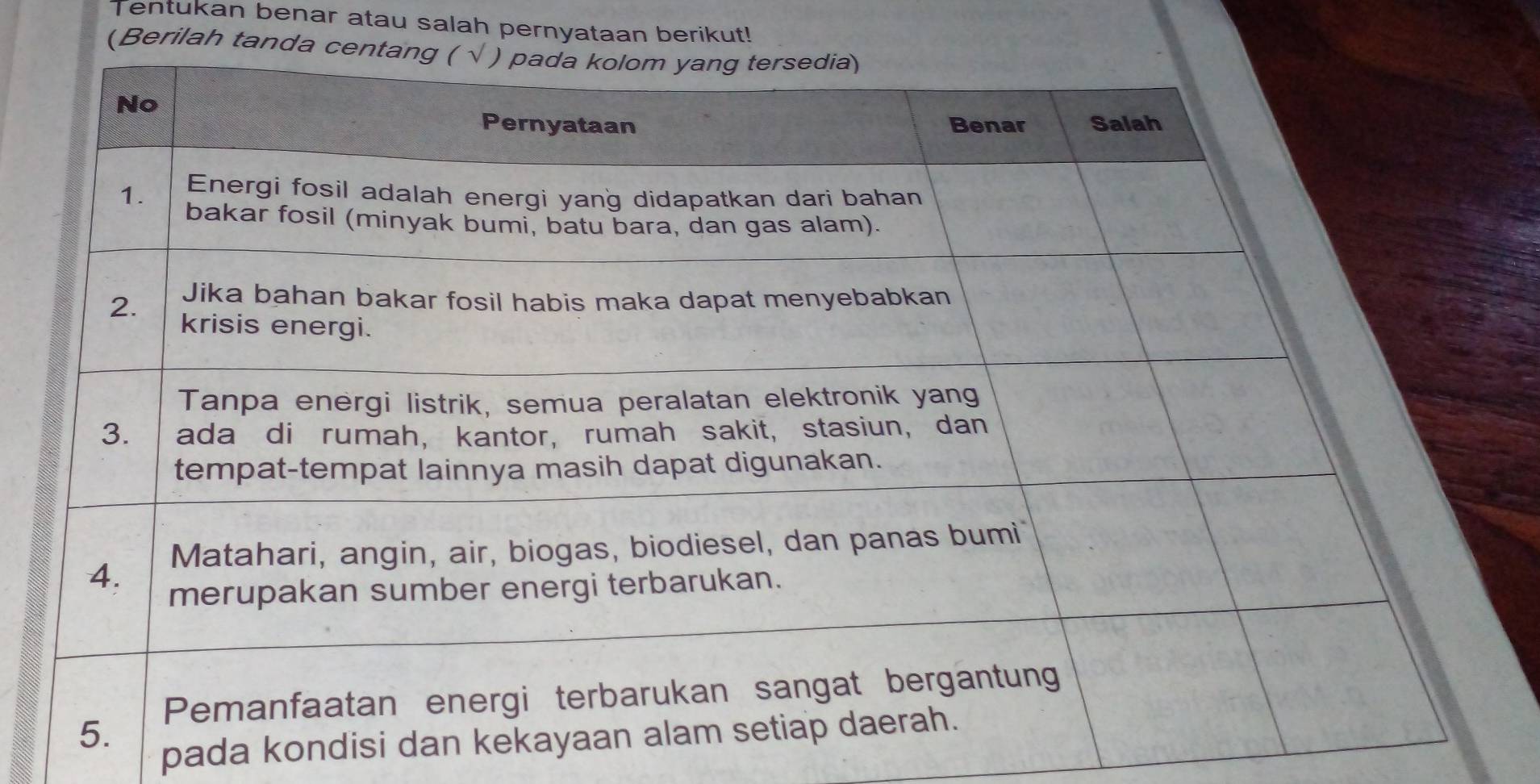 Tentukan benar atau salah pernyataan berikut! 
(Berilah tan 
pada kondisi dan