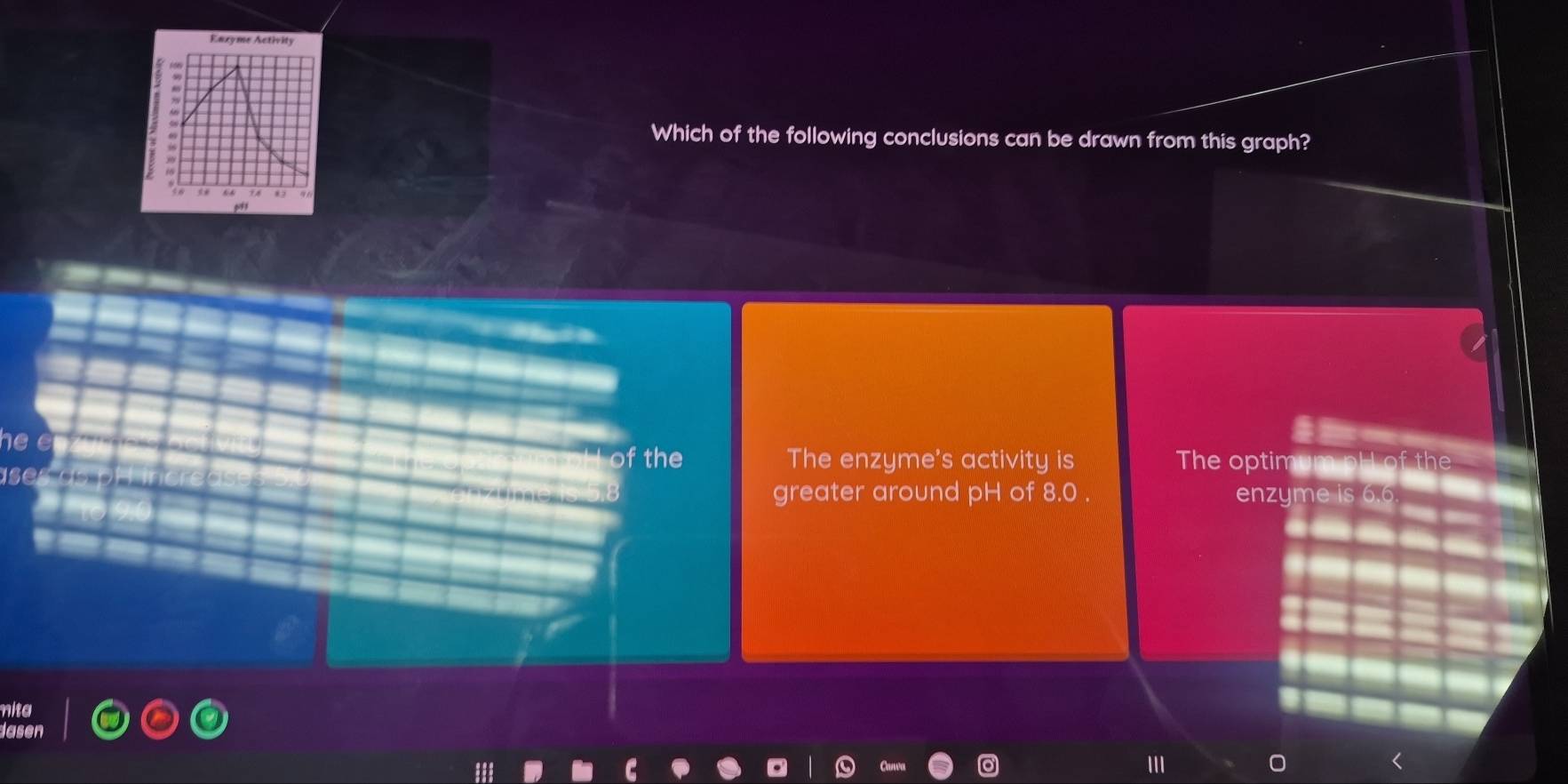 Eaxyme Activity 
Which of the following conclusions can be drawn from this graph? 

he 
of the The enzyme's activity is The optimum pH of the 
greater around pH of 8.0 . enzyme is 6.6
nita