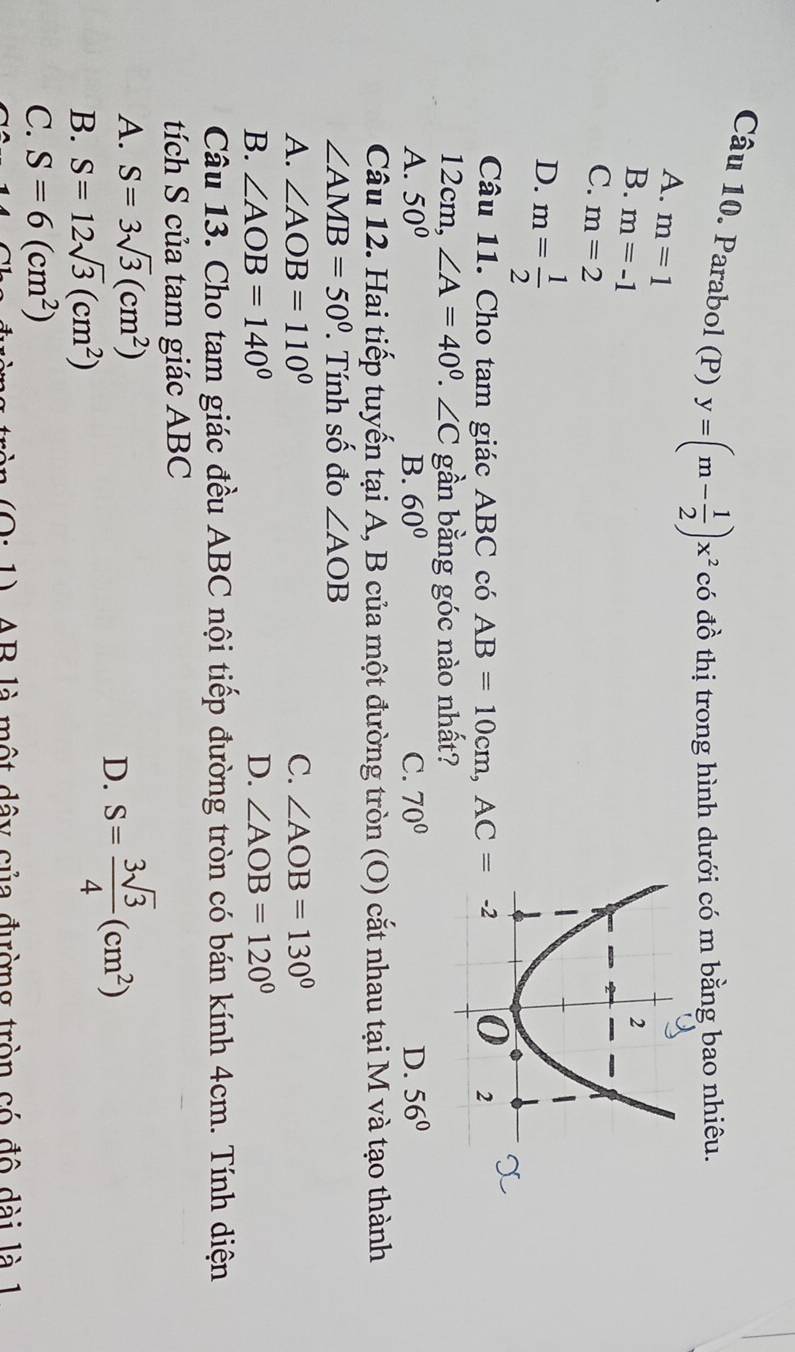 Parabol (P) y=(m- 1/2 )x^2 có đồ thị trong hình dưới có m bằng bao nhiêu.
A. m=1
B. m=-1
C. m=2
D. m= 1/2 
Câu 11. Cho tam giác ABC có AB=10cm, AC=-
12cm, ∠ A=40^0. ∠ C gần bằng góc nào nhất?
A. 50° B. 60° C. 70° D. 56°
Câu 12. Hai tiếp tuyến tại A, B của một đường tròn (O) cắt nhau tại M và tạo thành
∠ AMB=50°. Tính số đo ∠ AOB
A. ∠ AOB=110° C. ∠ AOB=130°
B. ∠ AOB=140° D. ∠ AOB=120°
Câu 13. Cho tam giác đều ABC nội tiếp đường tròn có bán kính 4cm. Tính diện
tích S của tam giác ABC
A. S=3sqrt(3)(cm^2)
D. S= 3sqrt(3)/4 (cm^2)
B. S=12sqrt(3)(cm^2)
C. S=6(cm^2)
(0· 1) AB là một dây của đường tròn có đô dài là 1