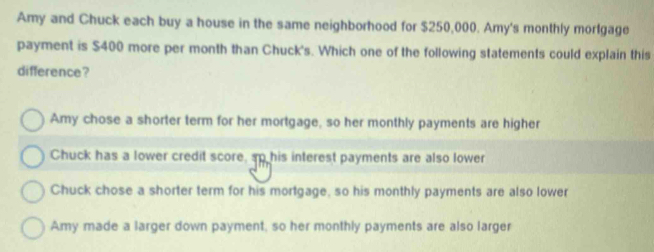 Amy and Chuck each buy a house in the same neighborhood for $250,000. Amy's monthly morlgage
payment is $400 more per month than Chuck's. Which one of the following statements could explain this
difference?
Amy chose a shorter term for her mortgage, so her monthly payments are higher
Chuck has a lower credit score, so his interest payments are also lower
Chuck chose a shorter term for his mortgage, so his monthly payments are also lower
Amy made a larger down payment, so her monthly payments are also larger