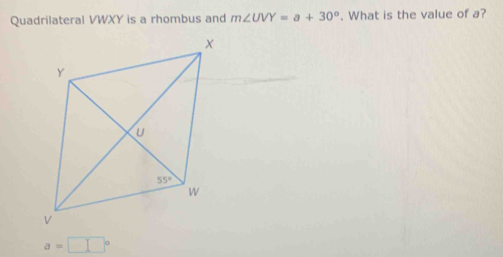 Quadrilateral VWXY is a rhombus and m∠ UVY=a+30°. What is the value of a?
a=□°