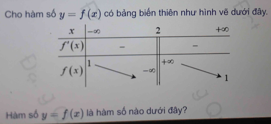 Cho hàm số y=f(x) có bảng biến thiên như hình vẽ dưới đây.
Hàm số y=f(x) là hàm số nào dưới đây?