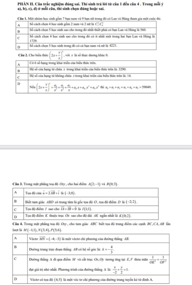 PHÀN II. Câu trắc nghiệm đúng sai. Thí sinh trã lời từ câu 1 đến câu 4 . Trong mỗi ý
a), b), c), d) ở mỗi câu, thí sinh chọn đúng hoặc sai.
Câu 1. Một nhóm học sinh gồm 7 bạn nam và 9 bạn nữ trong đó có Lan và Hùng tham gia một cuộc thi.
Câu 2. Cho biểu thức (2x+ 7/x )^3 , với x là số thực dương khác 0.
Câu 3. Trong mặt phẳng toạ độ Oxy , cho hai điểm A(2;-1) và B(0;3).
Câu 4. Trong mặt phẳng toạ độ Oxy, cho tam giác ABC biết tọa độ trung điểm các cạnh BC,CA, AB lần
lượt là M(-1;1),N(3;4),P(5;6).