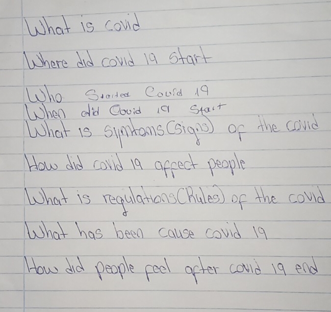 What is could 
Where did could 19 start 
Who Stade Could 19
When cdid Couid 10 Stait 
What is symdans(sig is) of the cond 
How did cold 19 appect people 
What is requlations (Rules) of the could 
What has been cause covd 19
How dnd people feel after coud 19 end