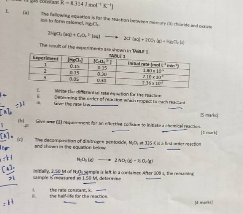 a or gas constant R=8.314Jmol^(-1)K^(-1)]
1. (a) The following equation is for the reaction between mercury (II) chloride and oxalate
ion to form calomel. Hg_2Cl_2
2HgCl_2(aq)+C_2O_4^((2-)(aq)to 2Cl(aq)+2CO_2)(g)+Hg_2Cl_2(s)
The result of the experiments are shown in
Write the differential rate equation for the reaction.
Determine the order of reaction which respect to each reactant.
iii. Give the rate law_
[5 marks]
_
(b) Give one (1) requirement for an effective collision to initiate a chemical reaction.
[1 mark]
(c) The decomposition of dinitrogen pentoxide, N_2O_5 at 335 K is a first order reaction
and shown in the equation below.
N_2O_3(g) to 2NO_2(g)+XO_2(g)
Initially, 2.50 M of N_2O_5 1 ample is left in a container. After 109 s, the remaining
sample is measured as 1.50 M, determine
i. the rate constant. k
the half-life for the reaction
[4 marks]