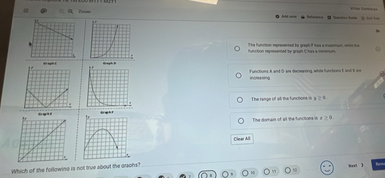 Vitiae Contraras
Zoom Add note Reference Question Quide Eait Test
The function represented by graph F has a maximum, while the
function represented by graph C has a minimum.
Graph C
Functions A and D are decreasing, while functions E and B are
increasing.
The range of all the functions is y≥ 0. 
Graph E Graph F
The domain of all the functions is x≥ 0. 
Clear All
Which of the followind is not true about the graphs?
10 11 12 Next  Revie