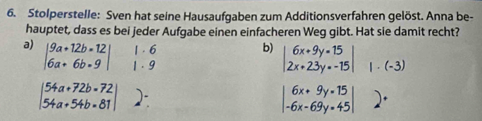 Stolperstelle: Sven hat seine Hausaufgaben zum Additionsverfahren gelöst. Anna be- 
hauptet, dass es bei jeder Aufgabe einen einfacheren Weg gibt. Hat sie damit recht? 
1 . 6 b) beginvmatrix 6x+9y=15 2x+23y=-15endvmatrix
a) beginvmatrix 9a+12b=12 6a+6b=9endvmatrix 1 . 9
beginvmatrix 54a+72b=72 54a+54b=81endvmatrix
beginvmatrix 6x+9y=15 -6x-69y=45endvmatrix