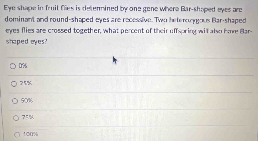 Eye shape in fruit flies is determined by one gene where Bar-shaped eyes are
dominant and round-shaped eyes are recessive. Two heterozygous Bar-shaped
eyes flies are crossed together, what percent of their offspring will also have Bar-
shaped eyes?
0%
25%
50%
75%
100%