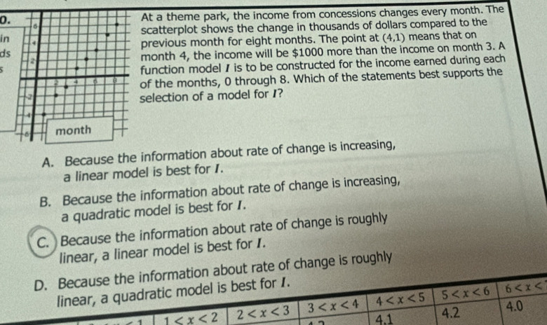 a theme park, the income from concessions changes every month. The
catterplot shows the change in thousands of dollars compared to the
in
revious month for eight months. The point at (4,1)
ds means that on
onth 4, the income will be $1000 more than the income on month 3. A
unction model / is to be constructed for the income earned during each
f the months, 0 through 8. Which of the statements best supports the
election of a model for 1?
A. Because the information about rate of change is increasing,
a linear model is best for 1.
B. Because the information about rate of change is increasing,
a quadratic model is best for 1.
C. Because the information about rate of change is roughly
linear, a linear model is best for I.
D. Because the information about rate of change is roughly
linear, a quadratic model is best for I.
1 2 3 4 5 6
4.1 4.2 4.0